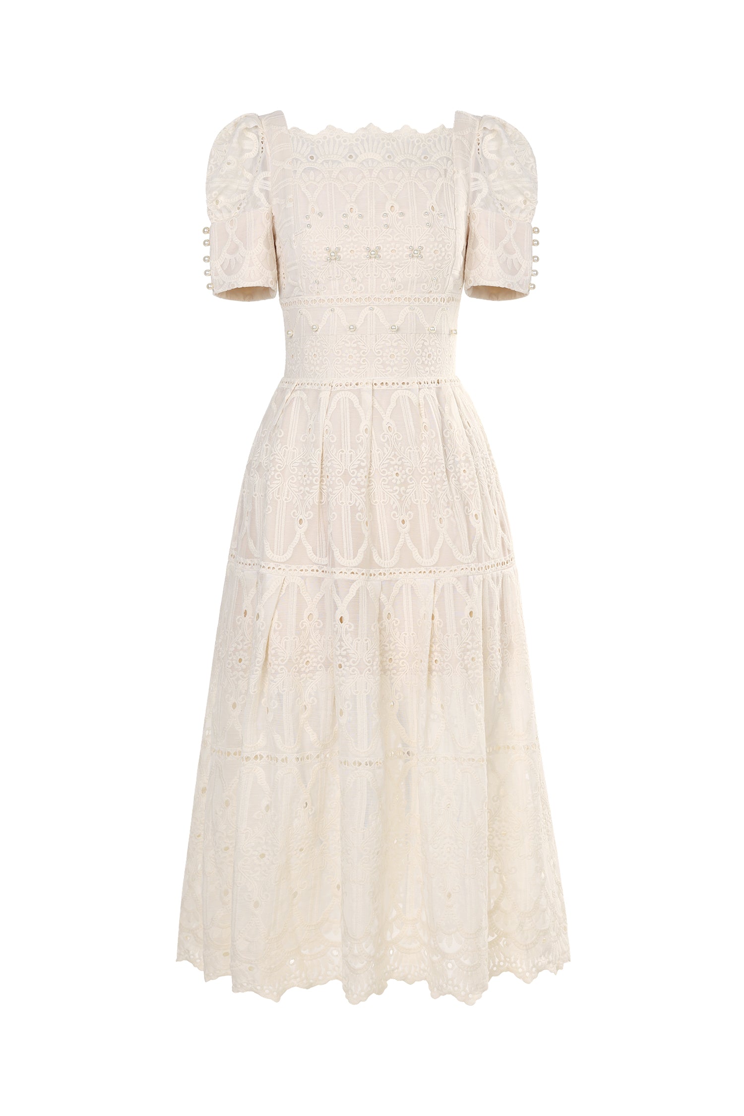 Leko Short Sleeves Pearl Embroidery Midi Dress