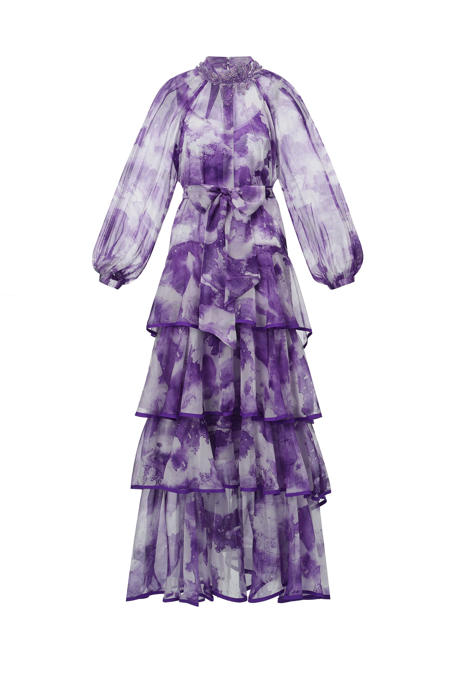Jolie Round Neck Long Sleeves Floral Printed Folds Maxi Dress