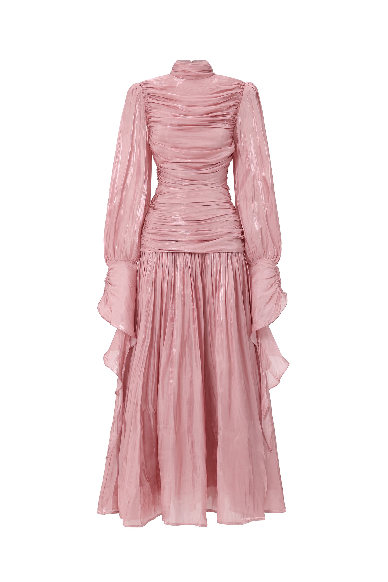 Viky Resort Waist-Defining Long Sleeve Ruched Woven Dark Pink Maxi Dress