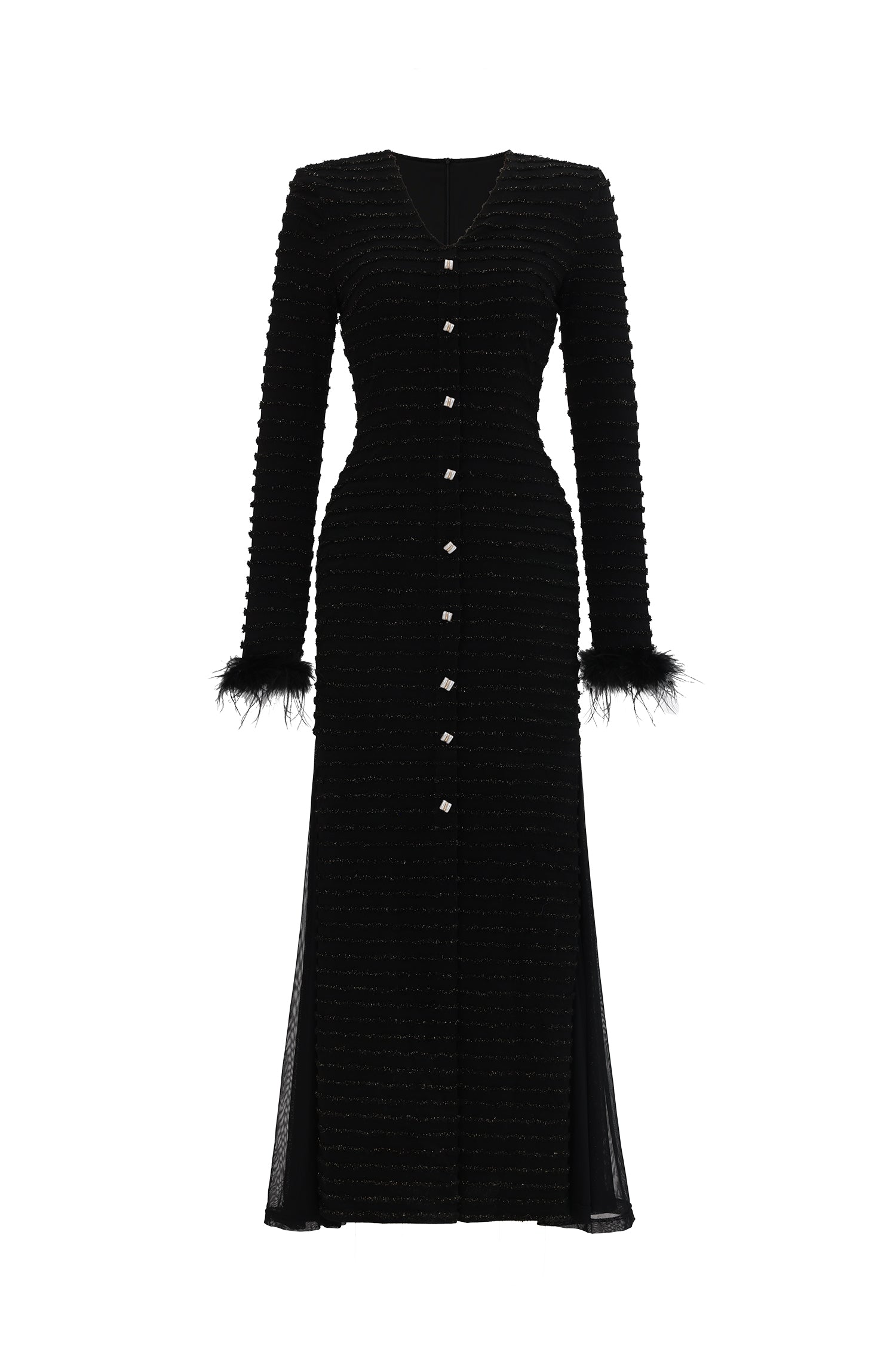 Paul Elegant Contour V Neck Long Sleeve Fluffy Slit Mesh Knit Maxi Dress