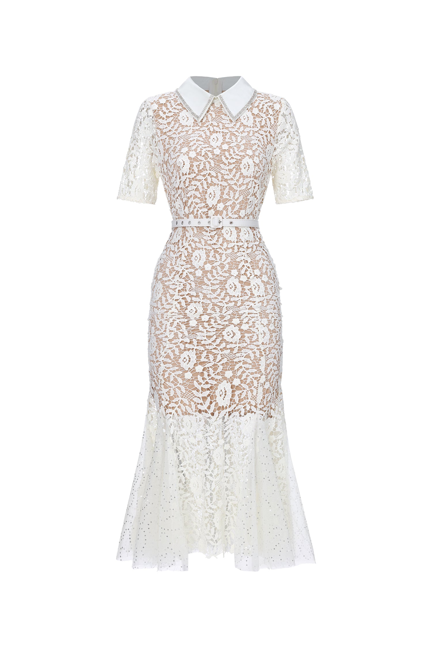 Selly Elegant Contour Short Sleeve Rhinestone Floral Lace Woven Maxi Dress