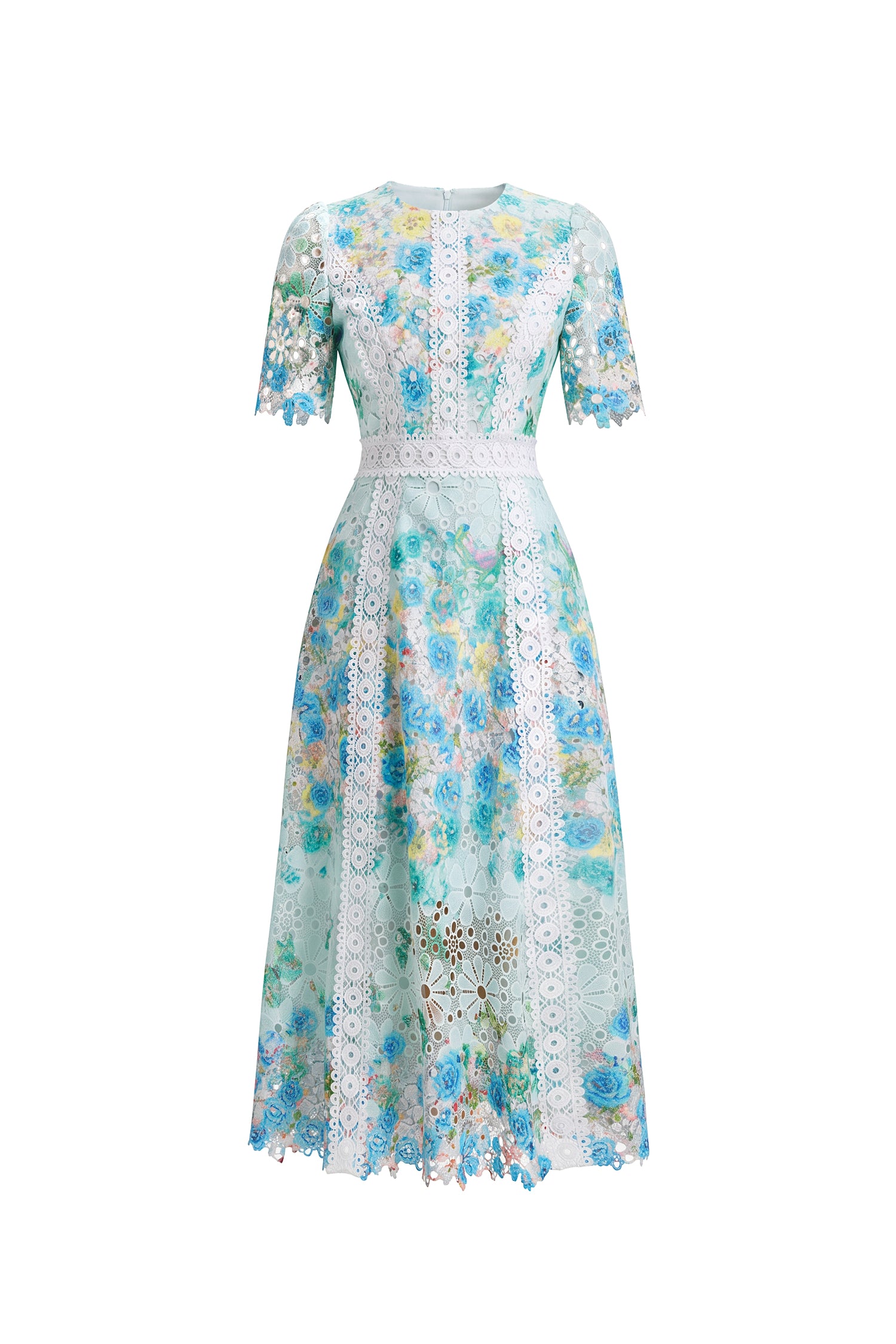 Pillose Resort Cinched Round Neck Short Sleeve Floral Print Lace Green Maxi Dress