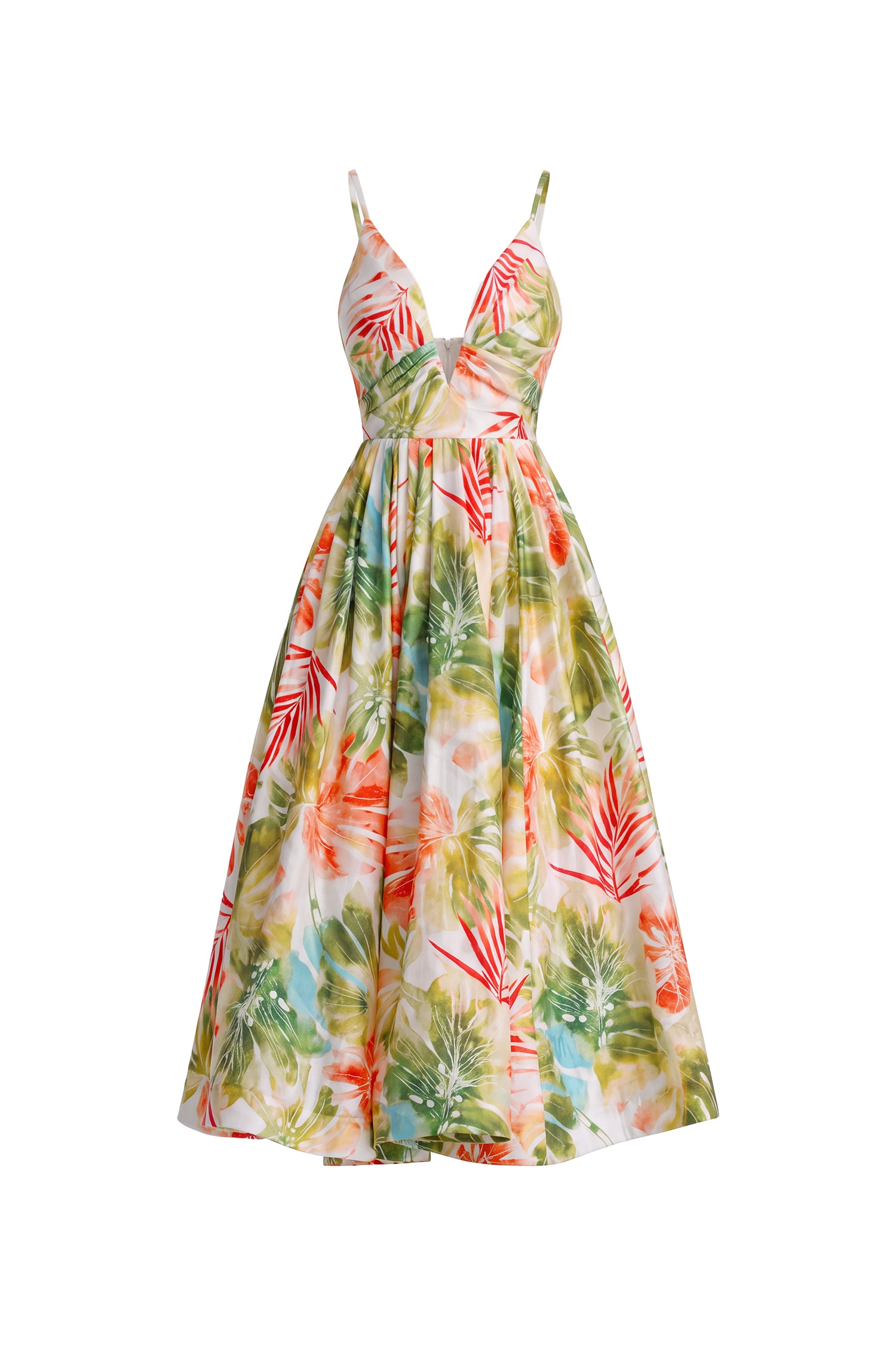 Kamaria Romantic Cinched V Neck Spaghetti Strap Ruched Floral Print Woven Maxi Dress