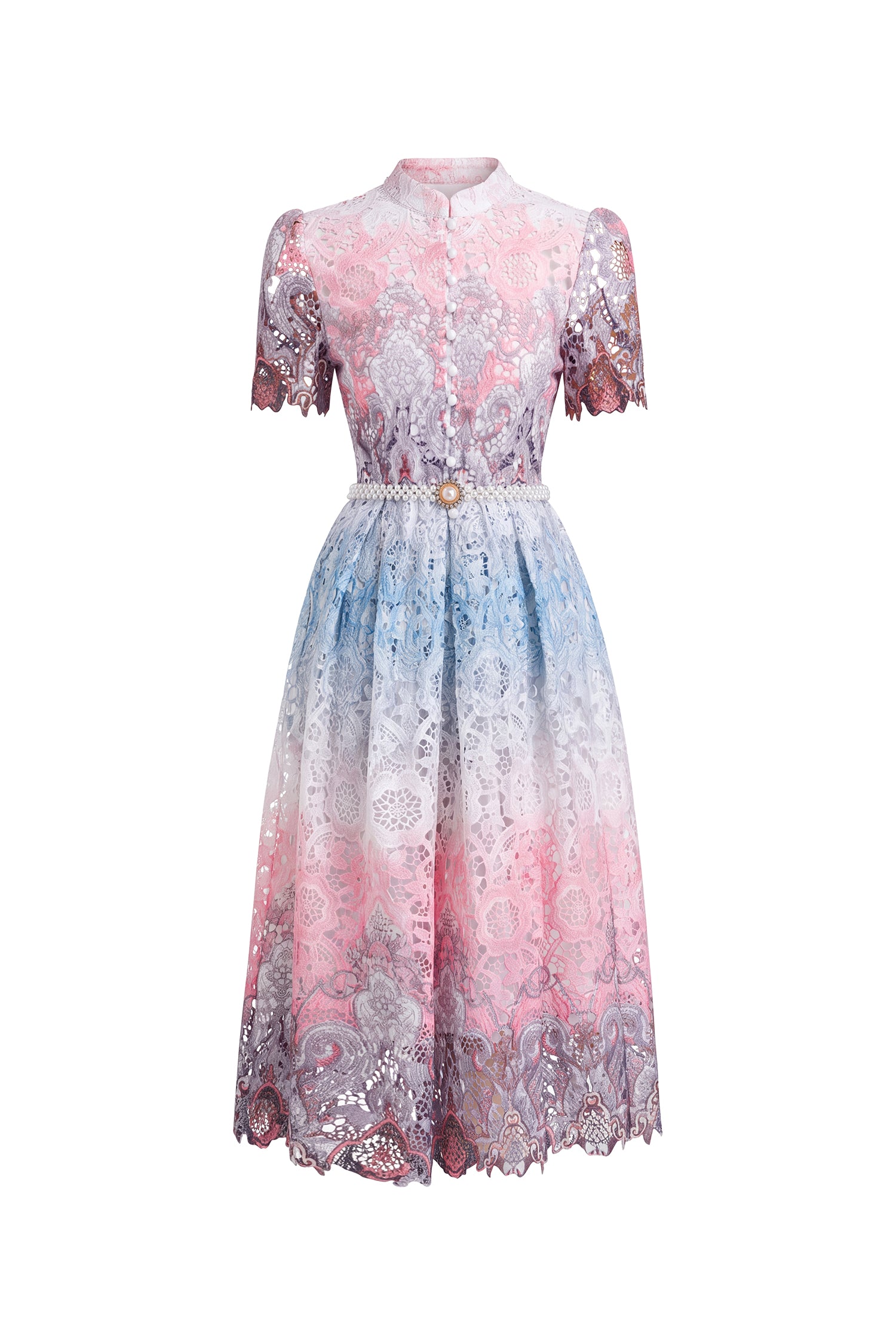 Weiss Resort Cinched Short Sleeve Floral Print Lace Midi Dress