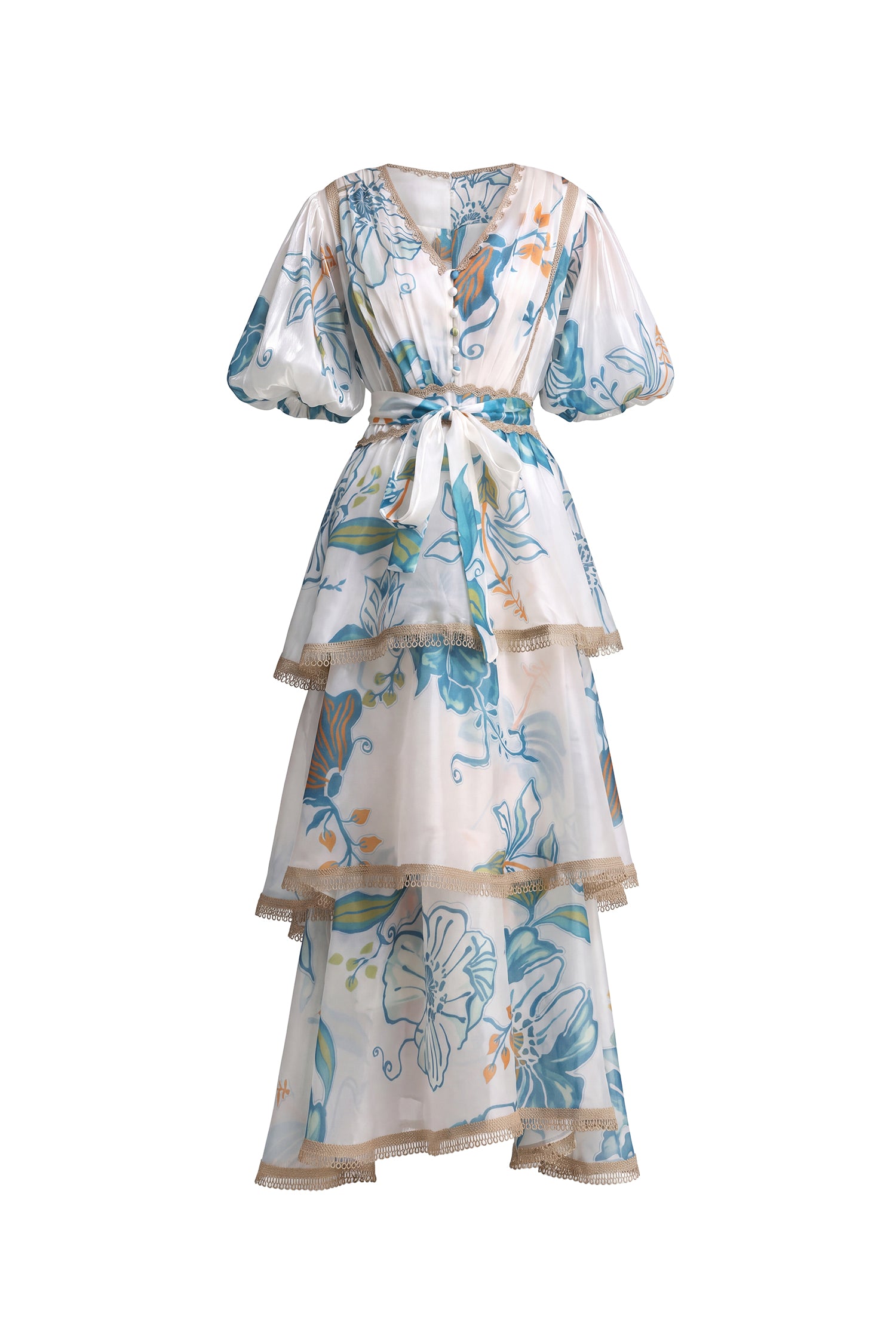 Lisbon Resort Flowy Puff Sleeve Floral Print Organza Maxi Dress