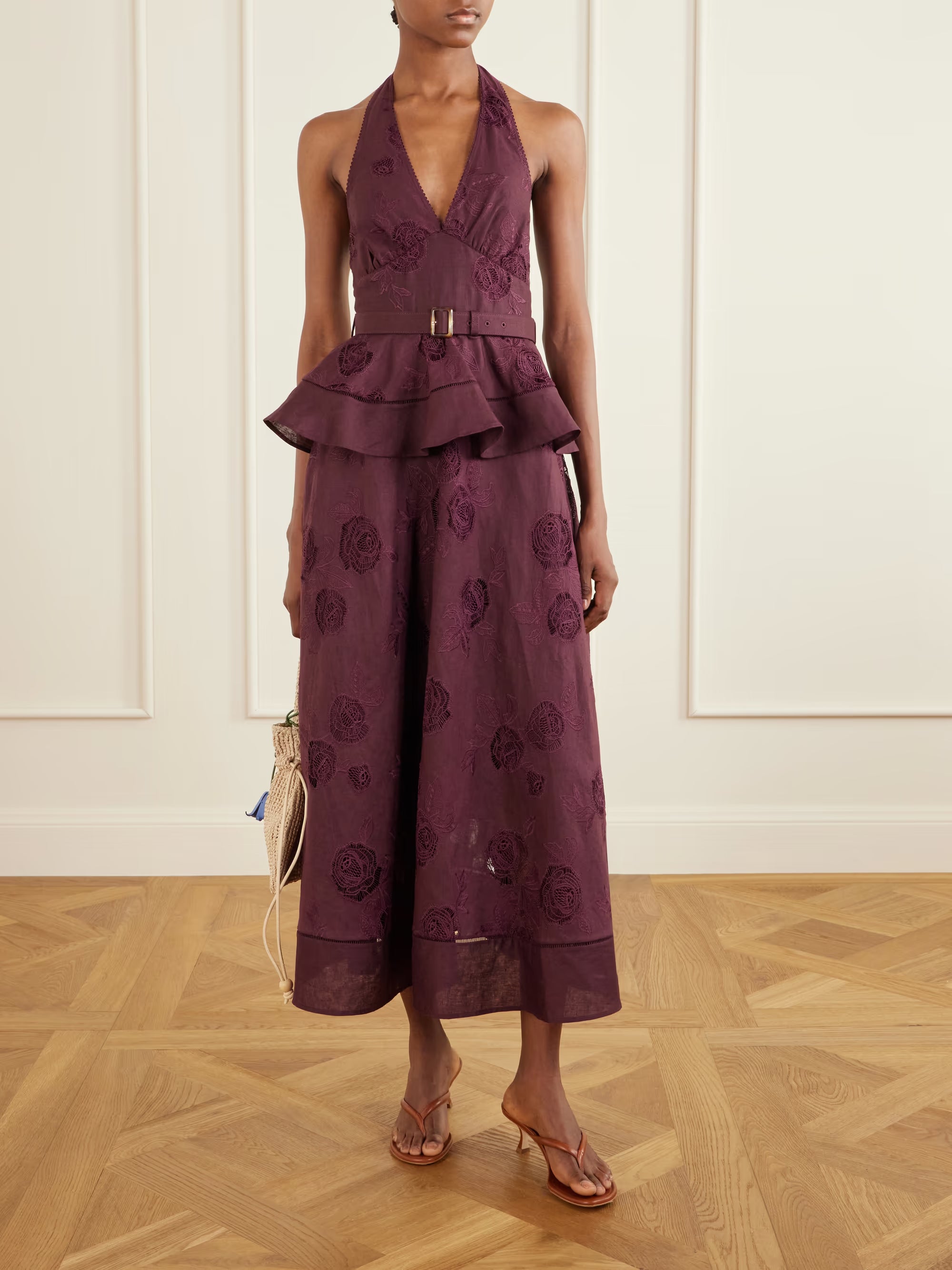 SELF-PORTRAIT Belted broderie anglaise-trimmed linen and cotton-blend peplum midi dress | NET-A-PORTER GB