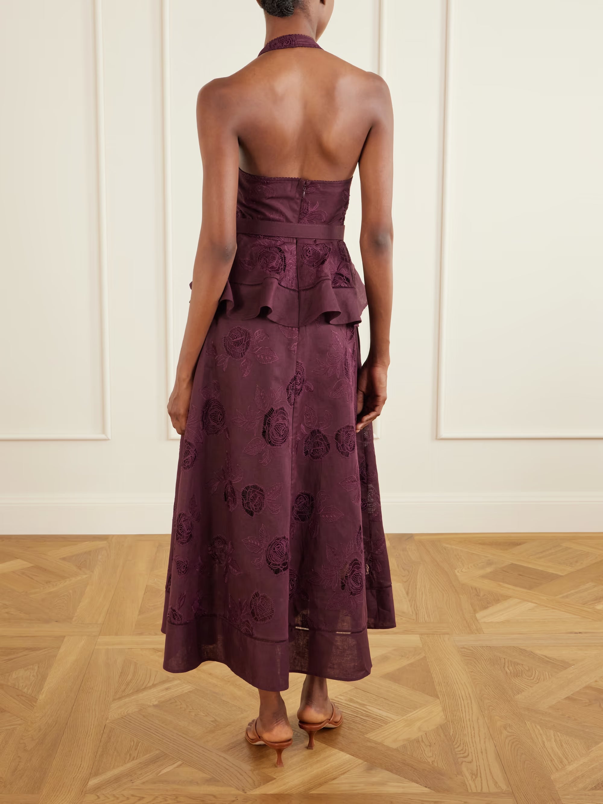 SELF-PORTRAIT Belted broderie anglaise-trimmed linen and cotton-blend peplum midi dress | NET-A-PORTER GB