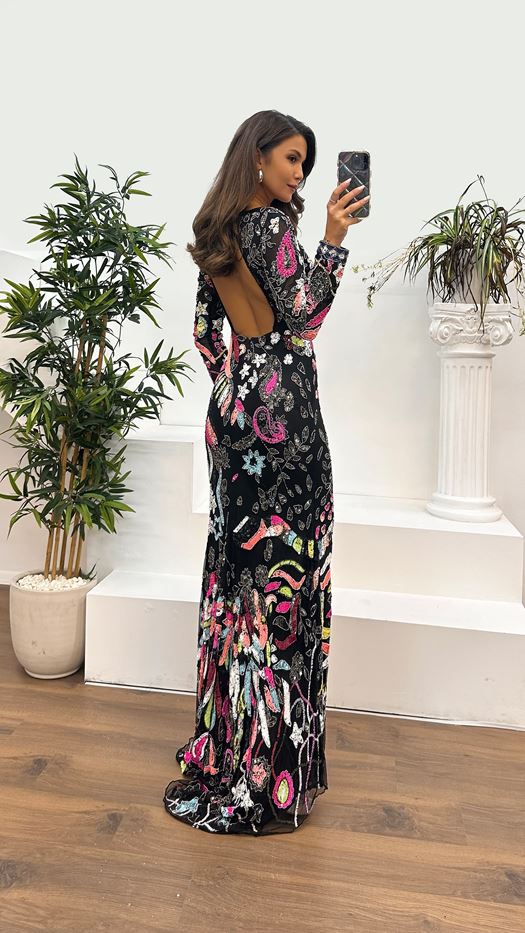 Black Back Detail Hand Embroidered Evening Dress