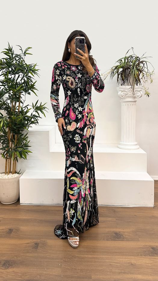 Black Back Detail Hand Embroidered Evening Dress