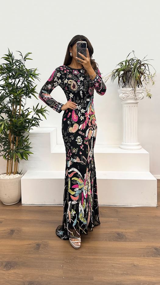 Black Back Detail Hand Embroidered Evening Dress