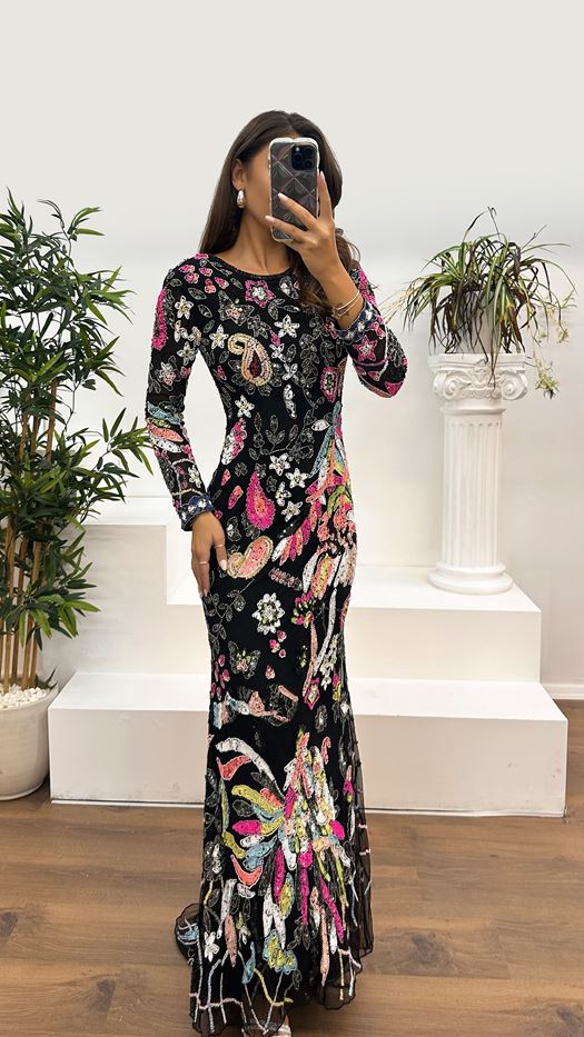 Black Back Detail Hand Embroidered Evening Dress