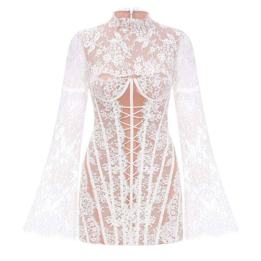 Bulelwa White Semi-Sheer Floral Lace Mini Dress