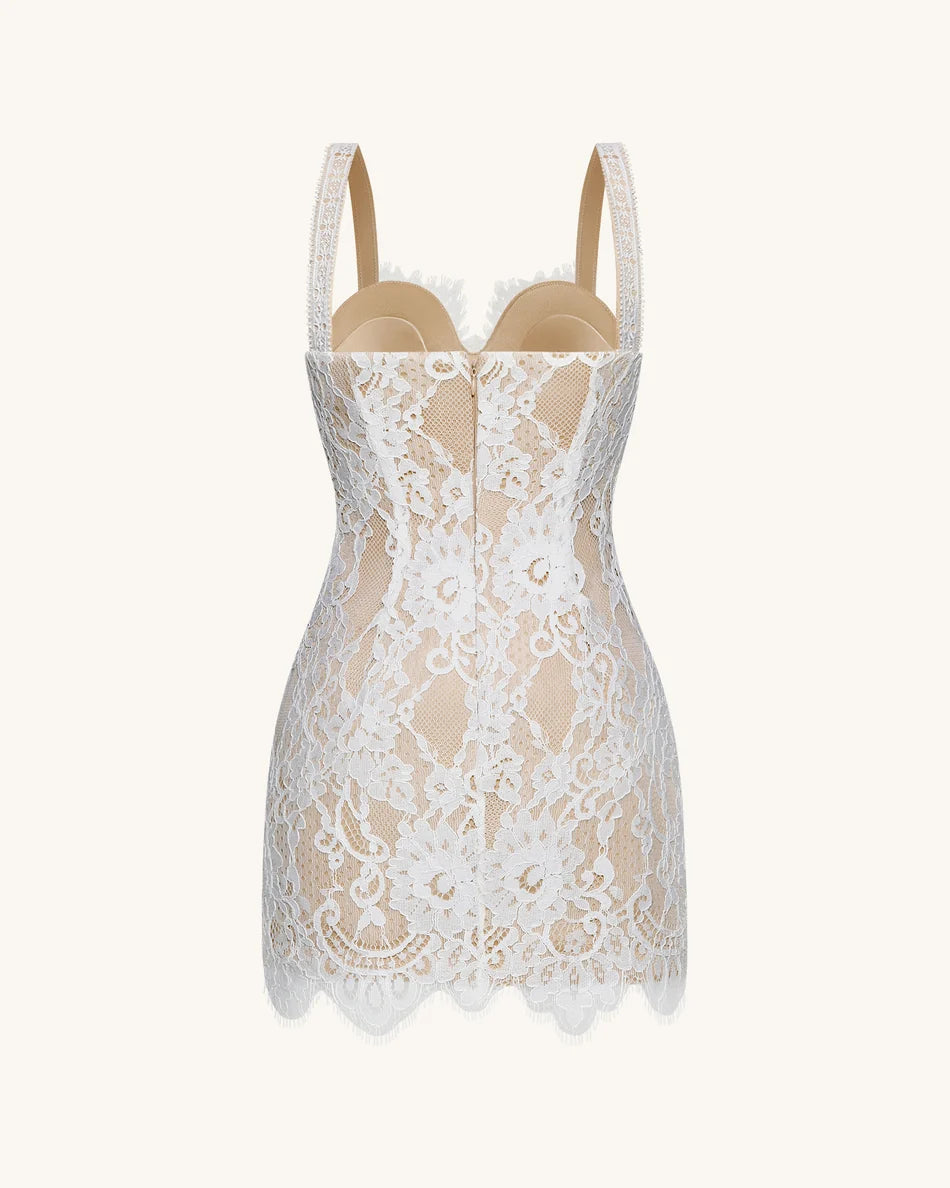 Eyelash Lace Bustier Bodycon Dress - White