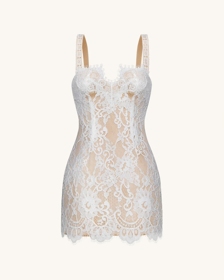 Eyelash Lace Bustier Bodycon Dress - White