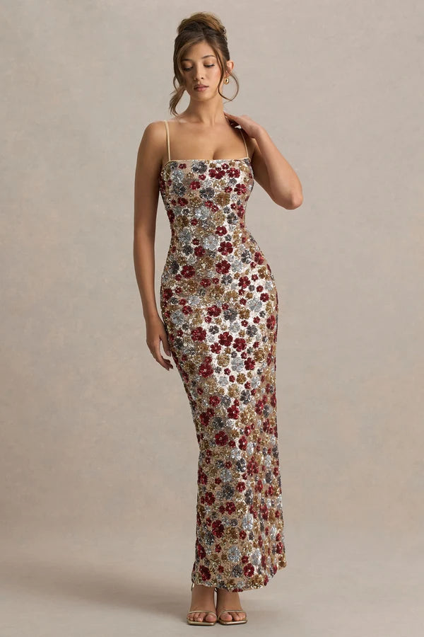 Vitora | Red Floral Embellished Sequin Square-Neck Maxi Dress - UK 6 / RED FLORAL SEQUIN