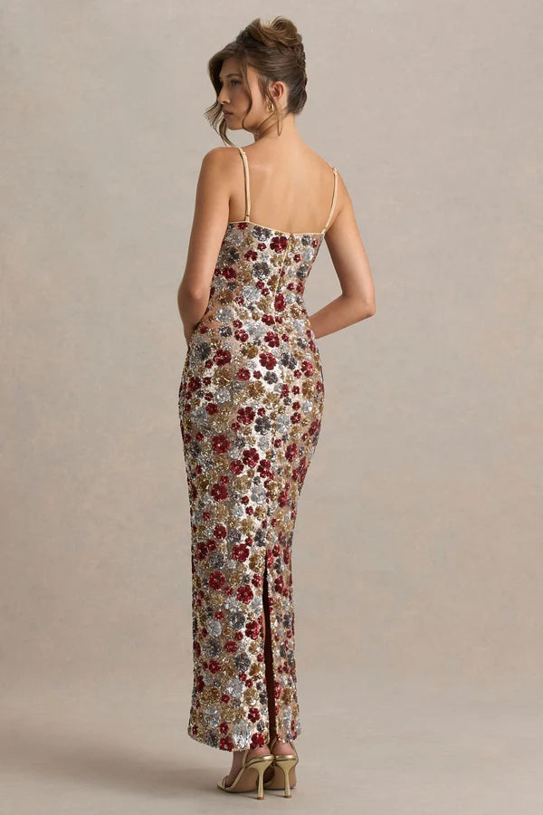 Vitora | Red Floral Embellished Sequin Square-Neck Maxi Dress - UK 6 / RED FLORAL SEQUIN