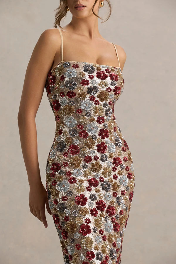Vitora | Red Floral Embellished Sequin Square-Neck Maxi Dress - UK 6 / RED FLORAL SEQUIN