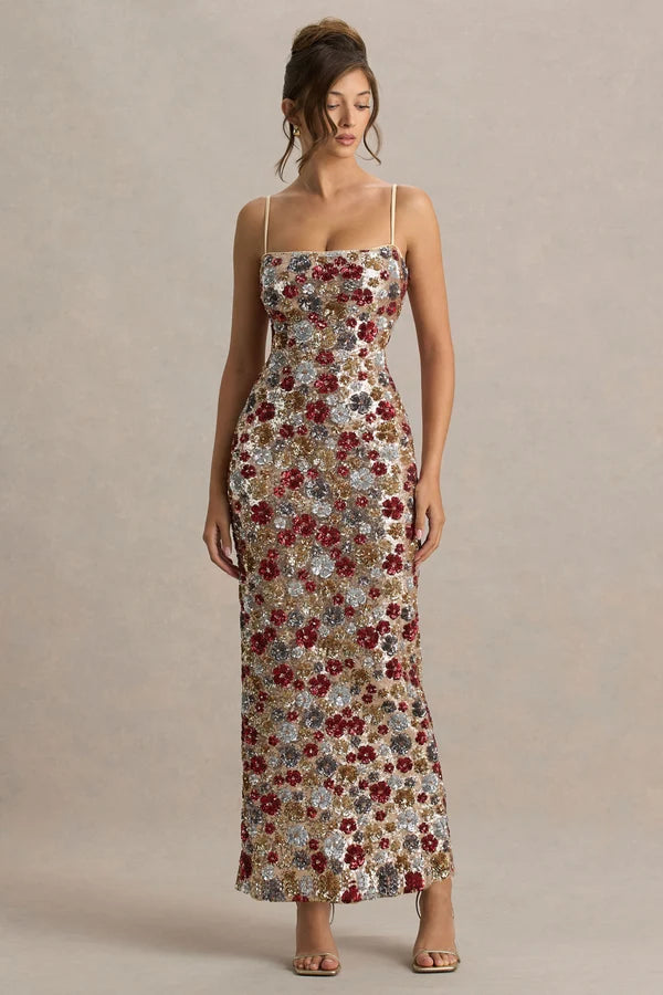 Vitora | Red Floral Embellished Sequin Square-Neck Maxi Dress - UK 6 / RED FLORAL SEQUIN