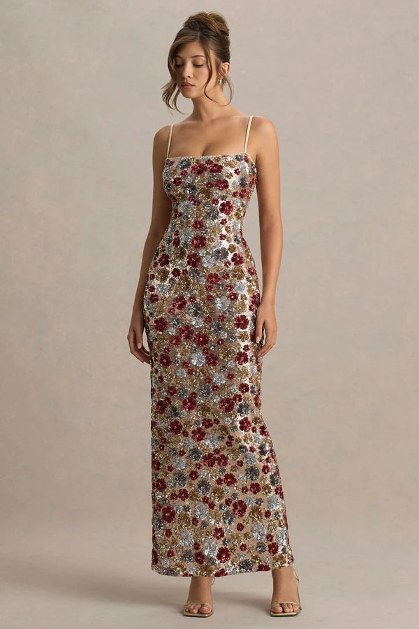 Vitora | Red Floral Embellished Sequin Square-Neck Maxi Dress - UK 6 / RED FLORAL SEQUIN