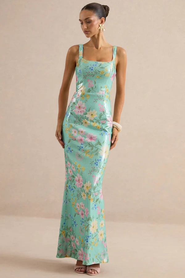 Danette | Mint Floral Print Sequin Square-Neck Maxi Dress
