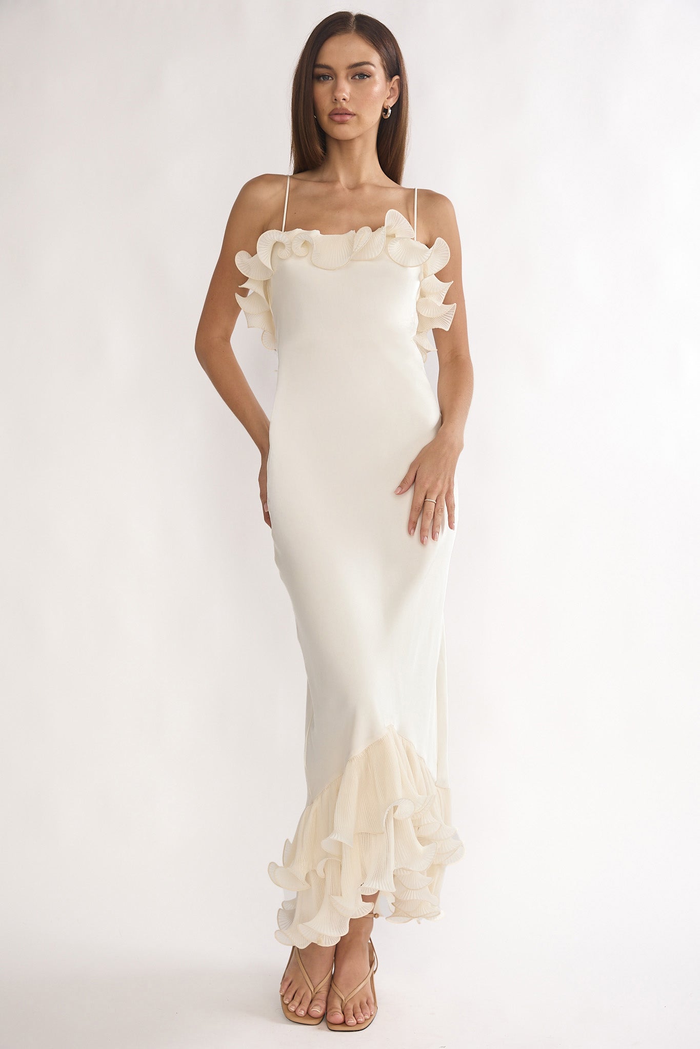 Cupid Low Back Ruffle Trim Maxi Dress Oyster