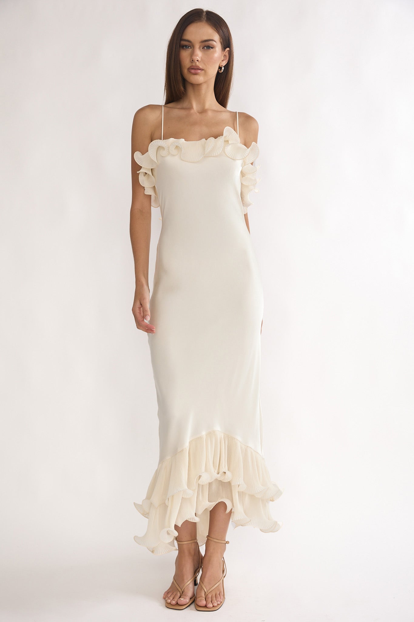 Cupid Low Back Ruffle Trim Maxi Dress Oyster