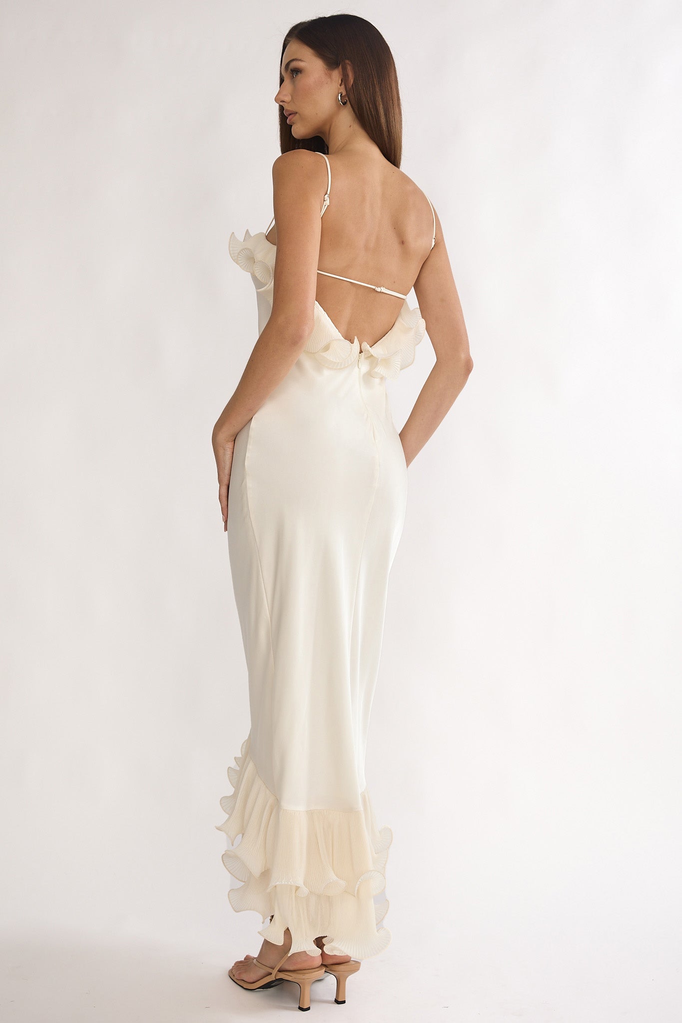 Cupid Low Back Ruffle Trim Maxi Dress Oyster