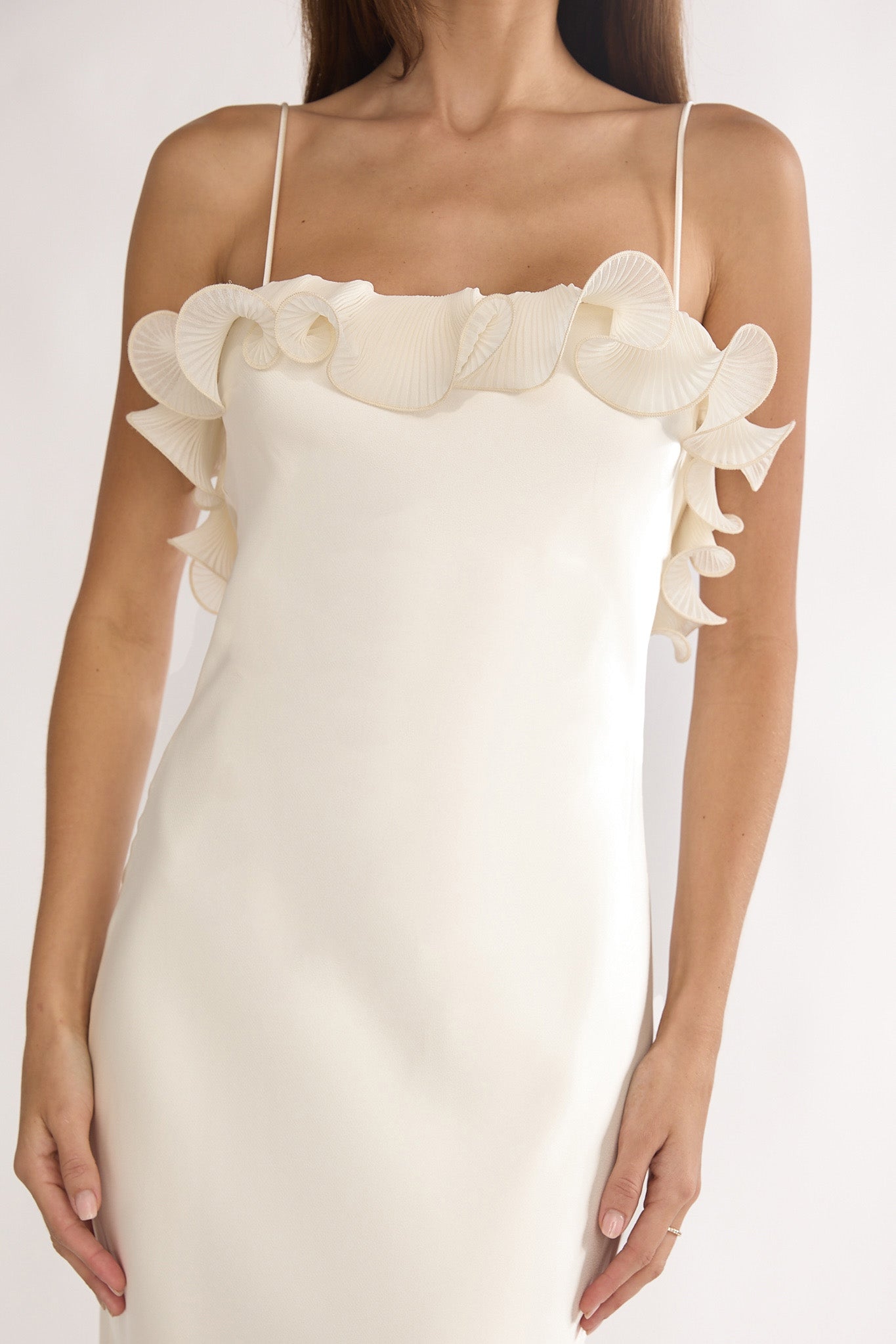 Cupid Low Back Ruffle Trim Maxi Dress Oyster