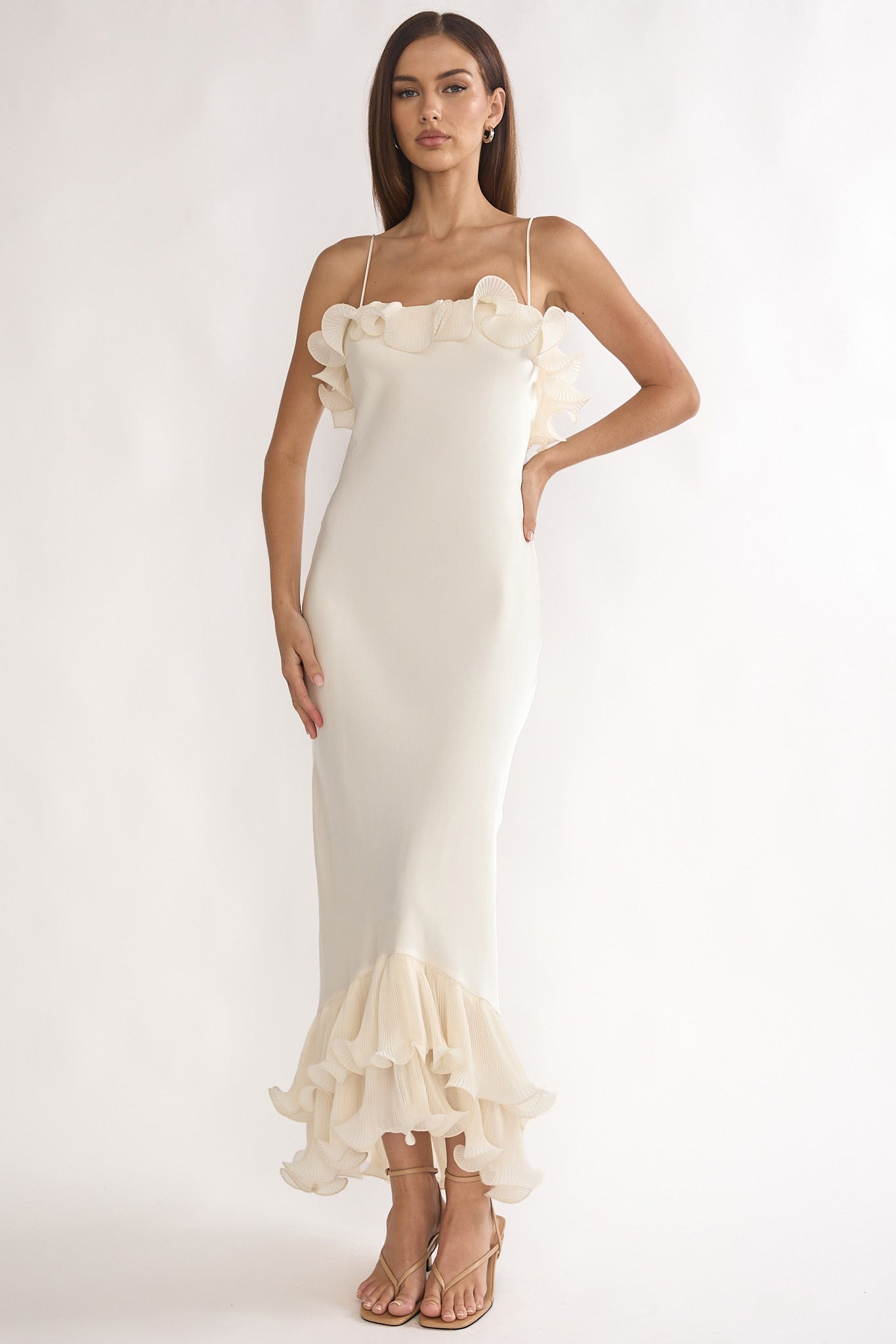 Cupid Low Back Ruffle Trim Maxi Dress Oyster