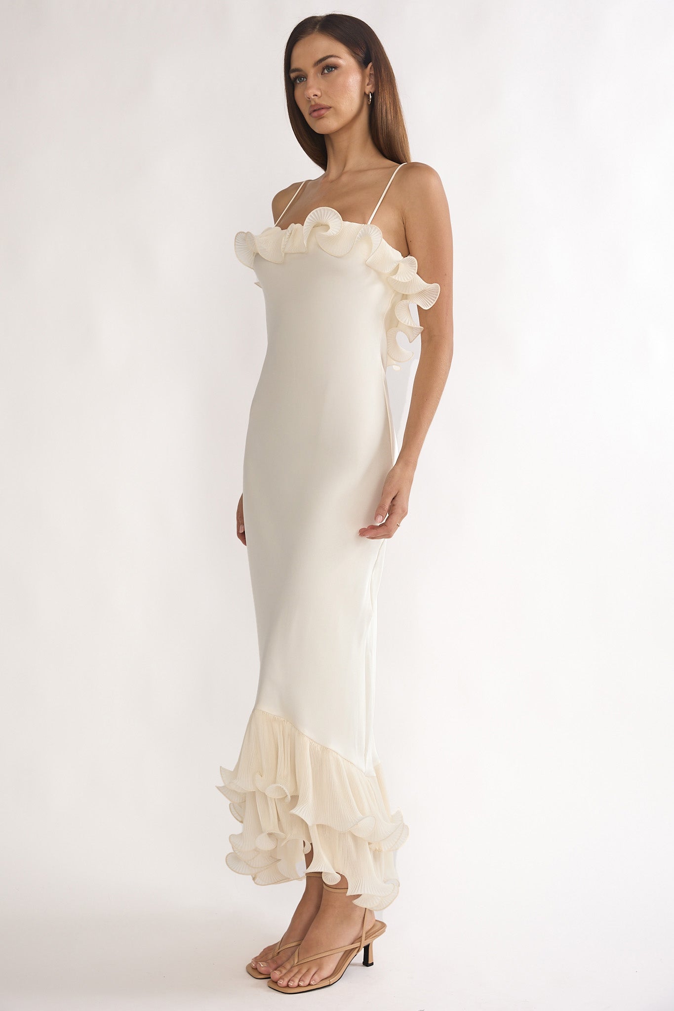 Cupid Low Back Ruffle Trim Maxi Dress Oyster