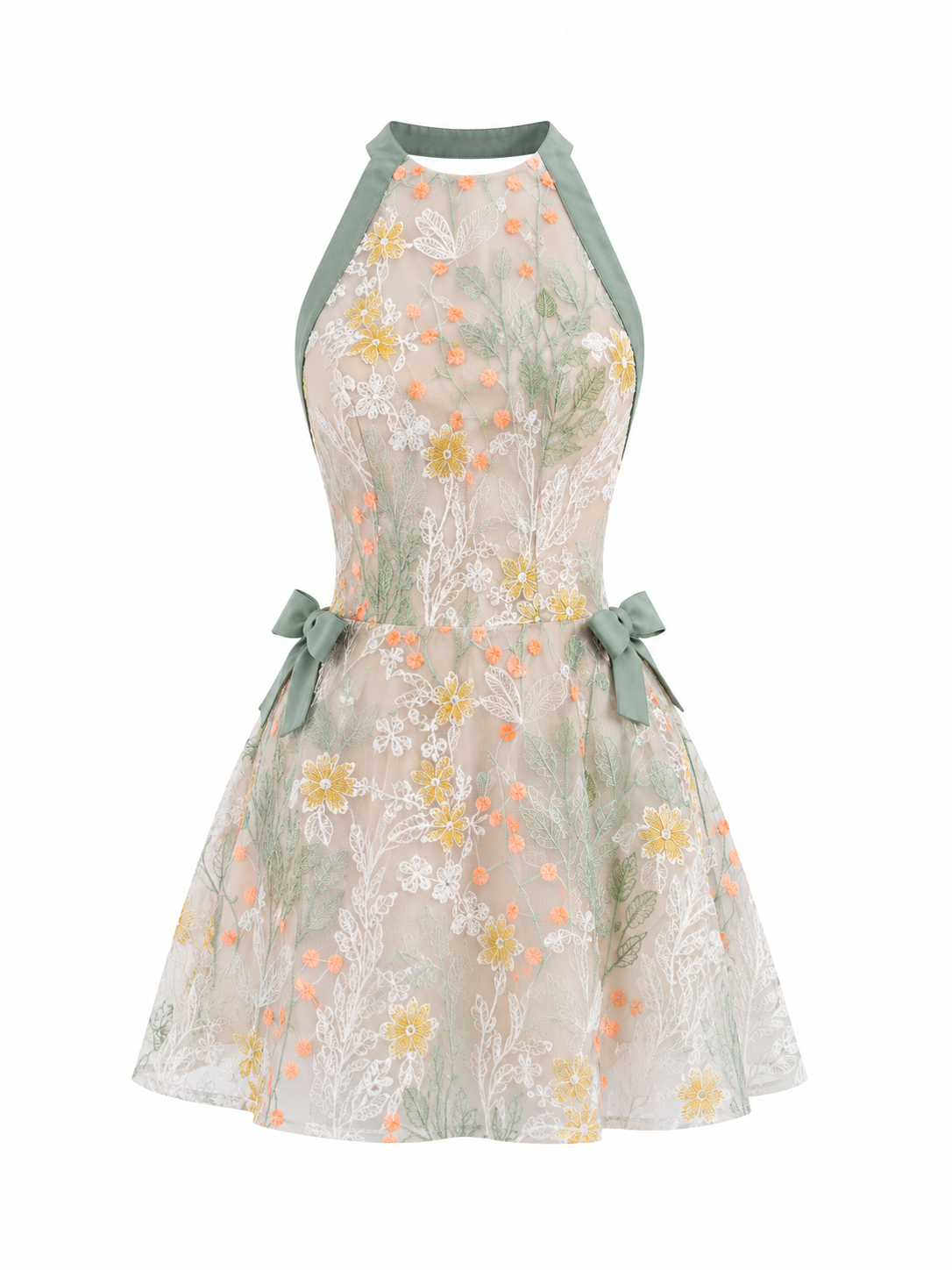 Floral Embroidered Halter Mini Dress