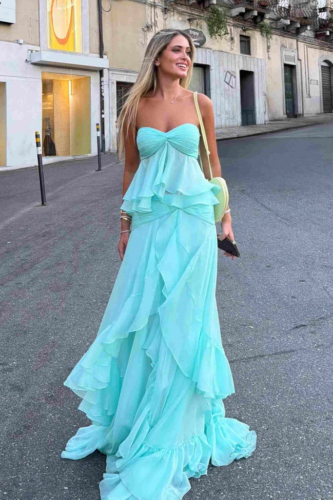 Blue Strapless Sweetheart Ruffles Chiffon Long Prom Dress