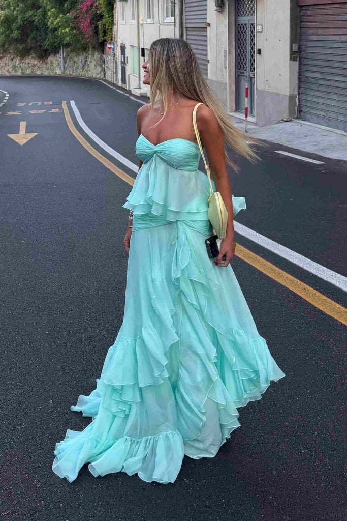 Blue Strapless Sweetheart Ruffles Chiffon Long Prom Dress
