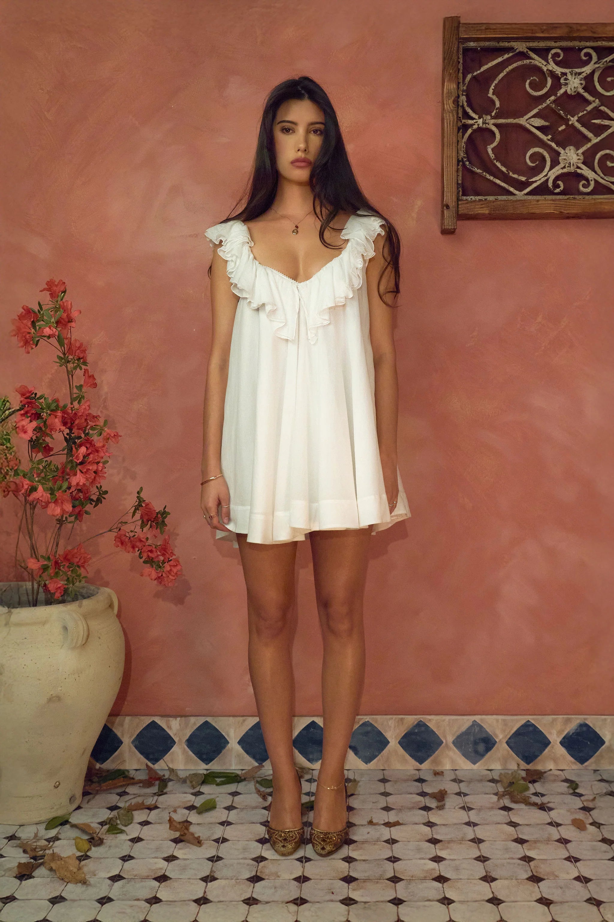 Colette Baby Doll Dress in White Rose