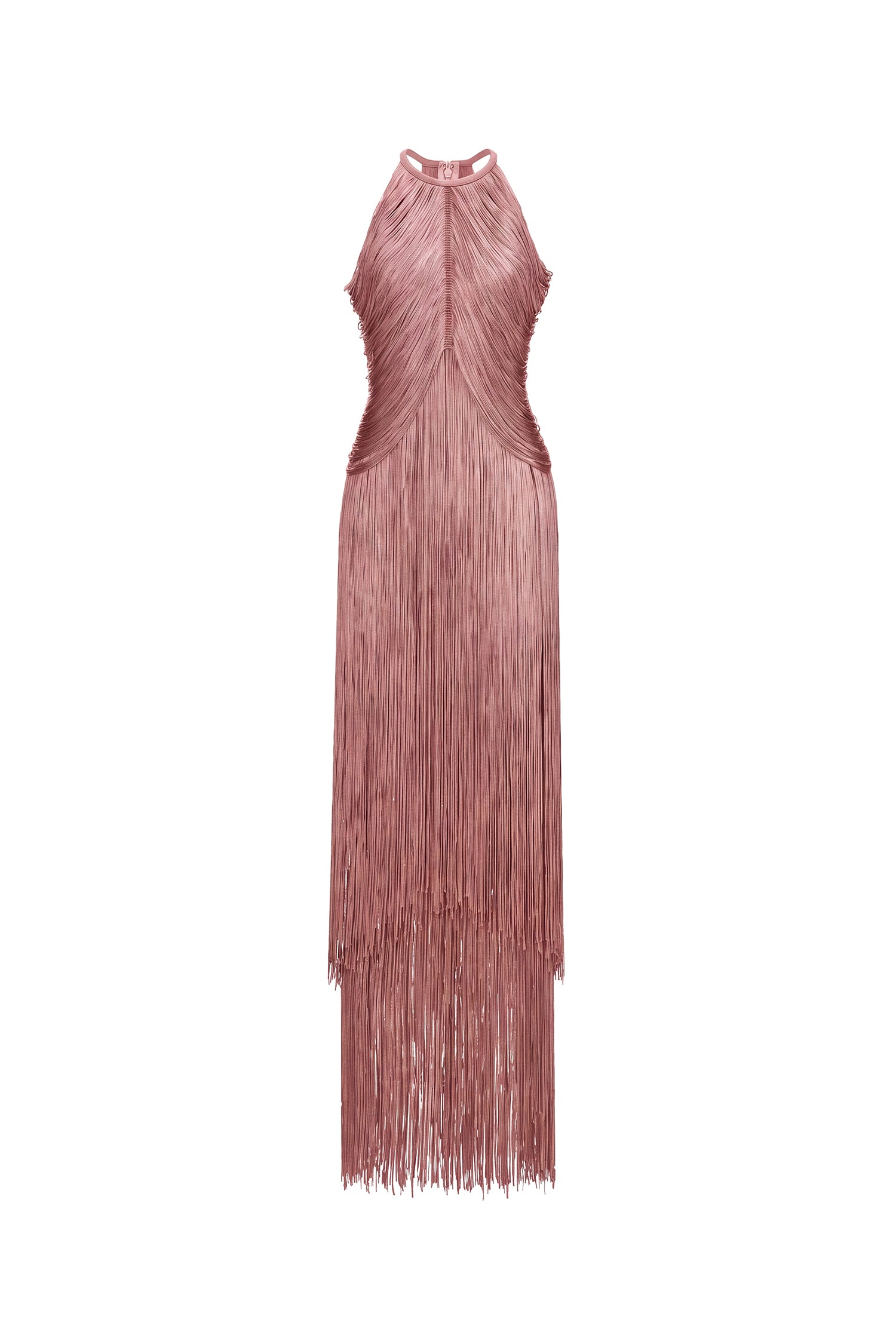 Taye Classic Contour Halter Fringe Bandage Pink Maxi Dress
