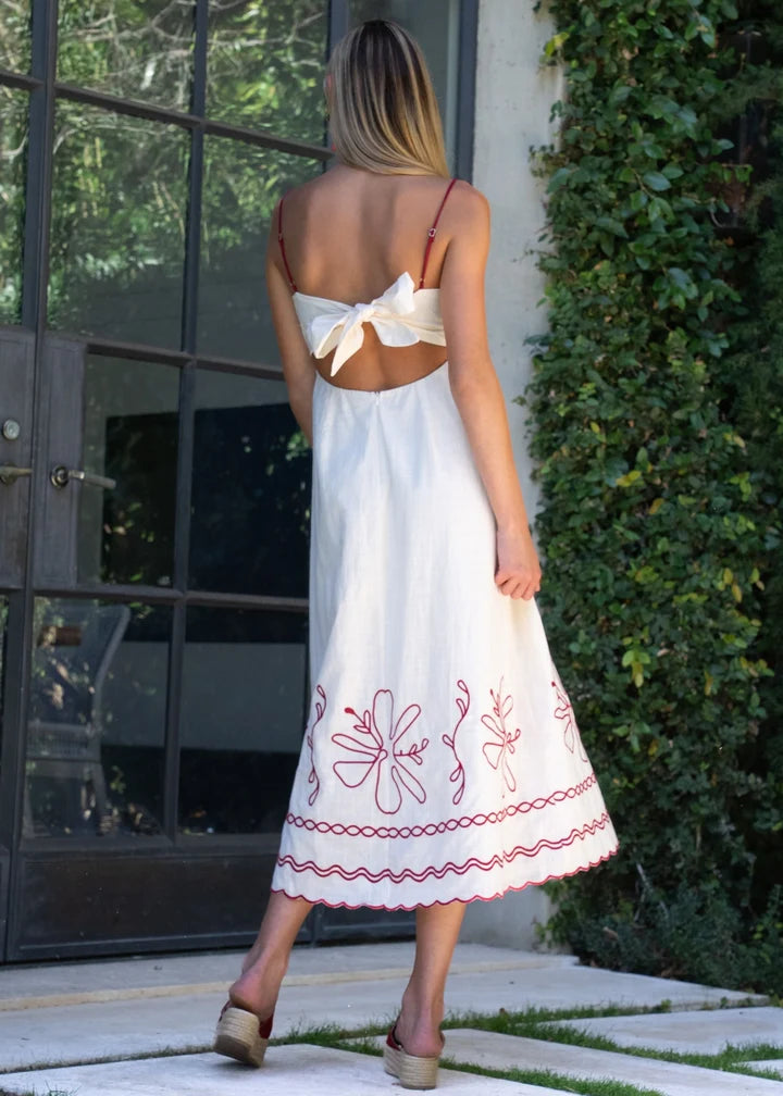 Carol Cream with Red Floral Embroidery Maxi Dress