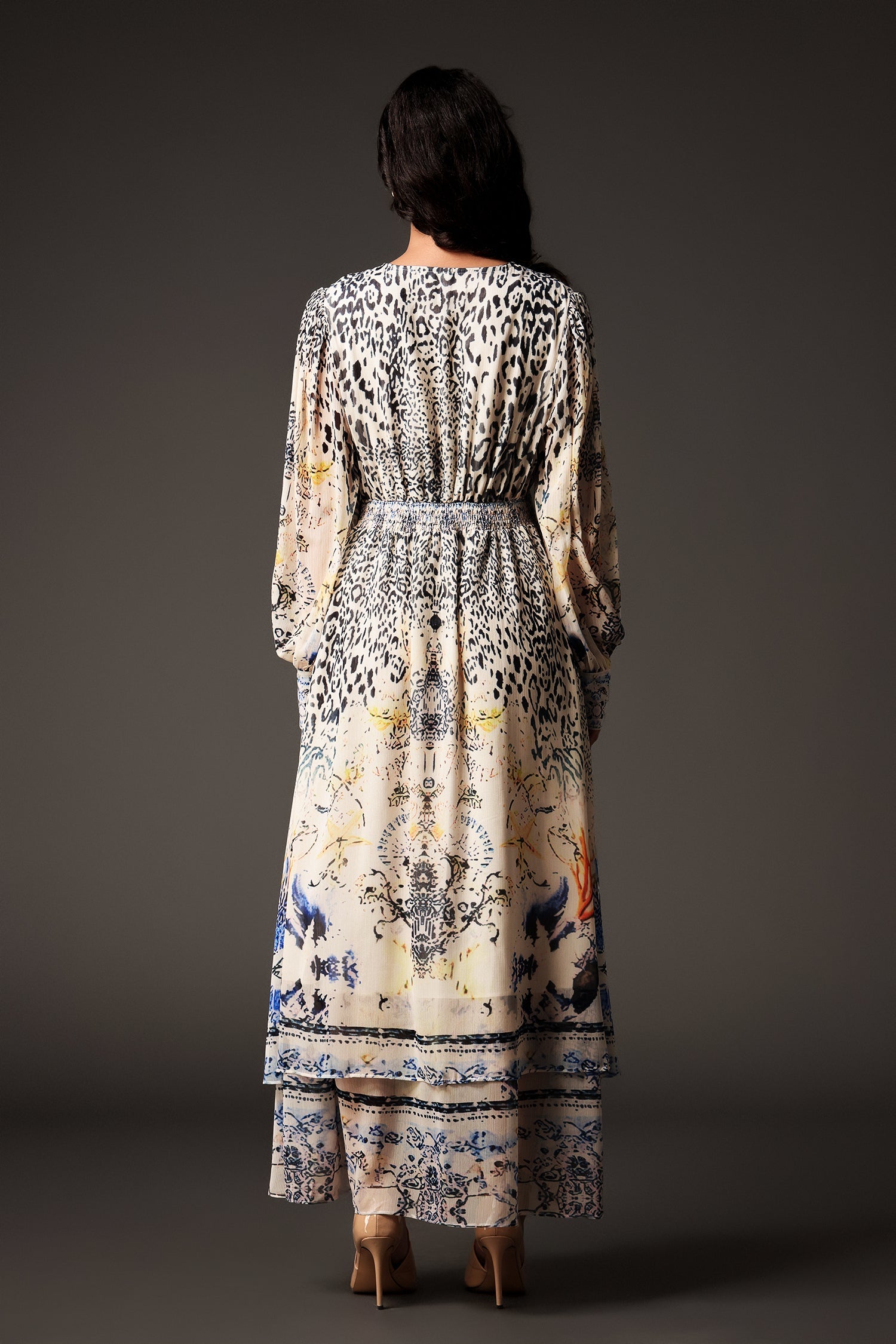 Daware Deep-V Long Sleeves Printing Maxi Dress