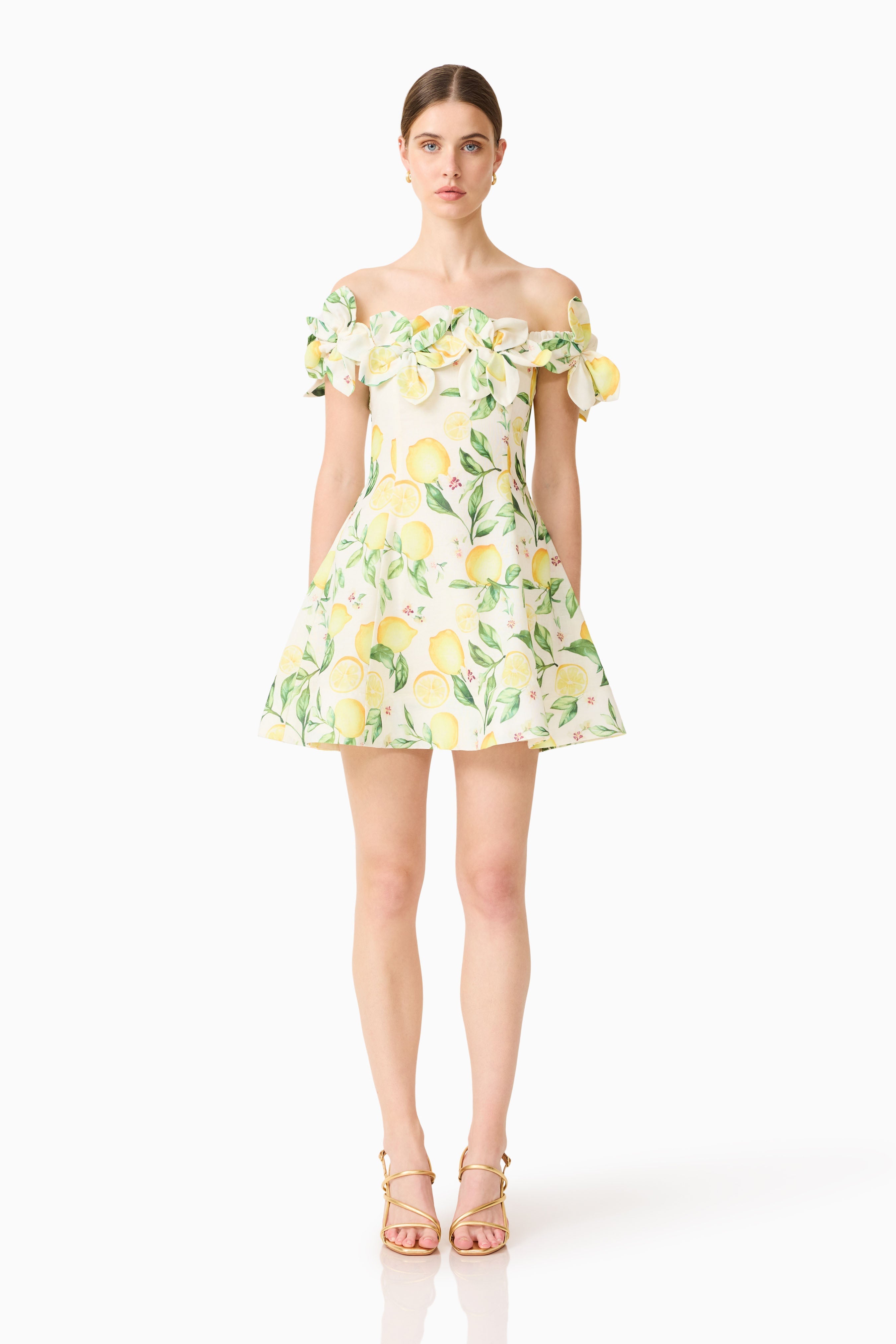 Hana Off Shoulder Mini Dress in Lemon Print 1