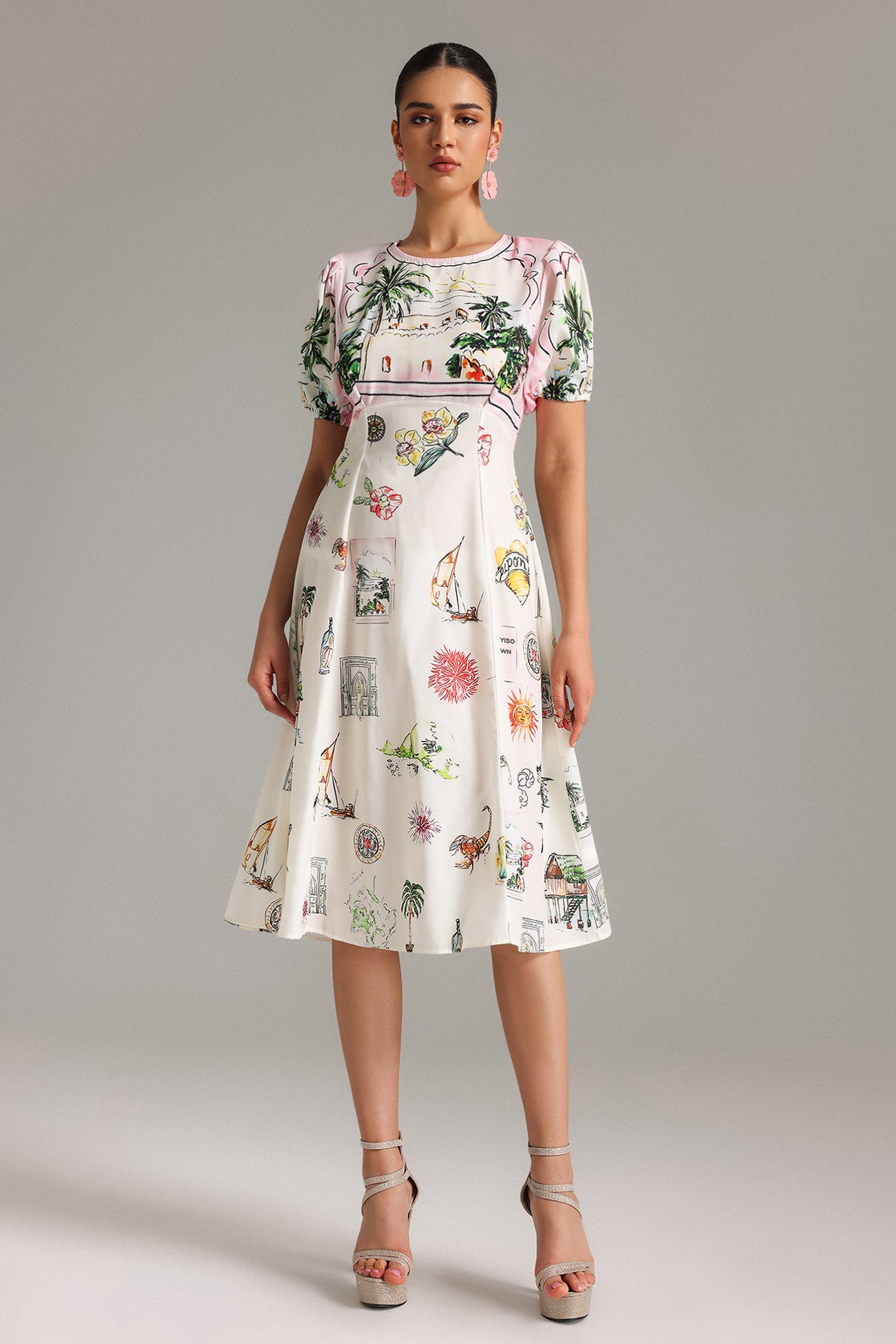 Emmeline Puff Sleeves Printed Midi Dress