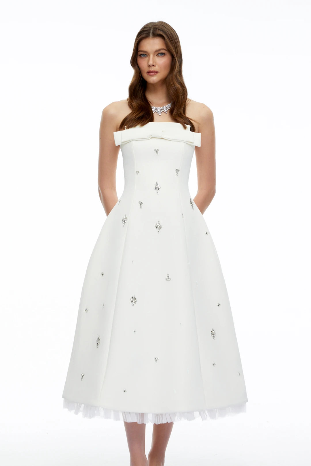 Enid White Strapless Rhinestone Midi Dress with Bow