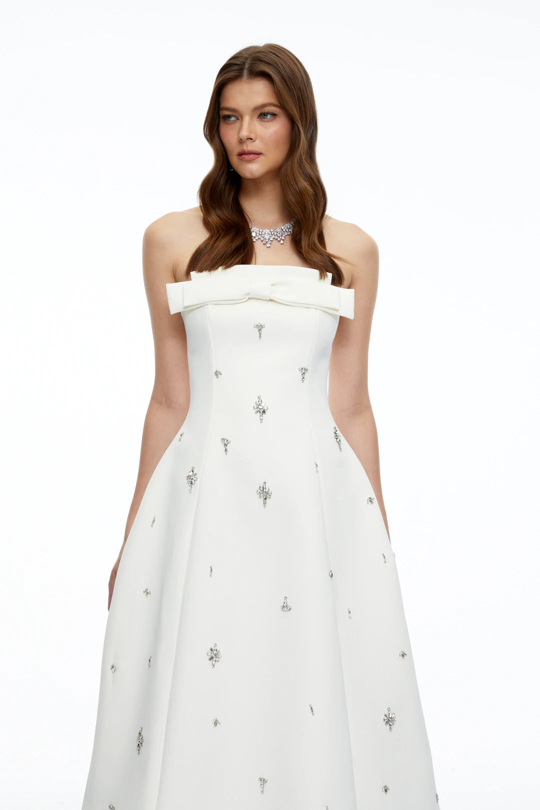 Enid White Strapless Rhinestone Midi Dress with Bow