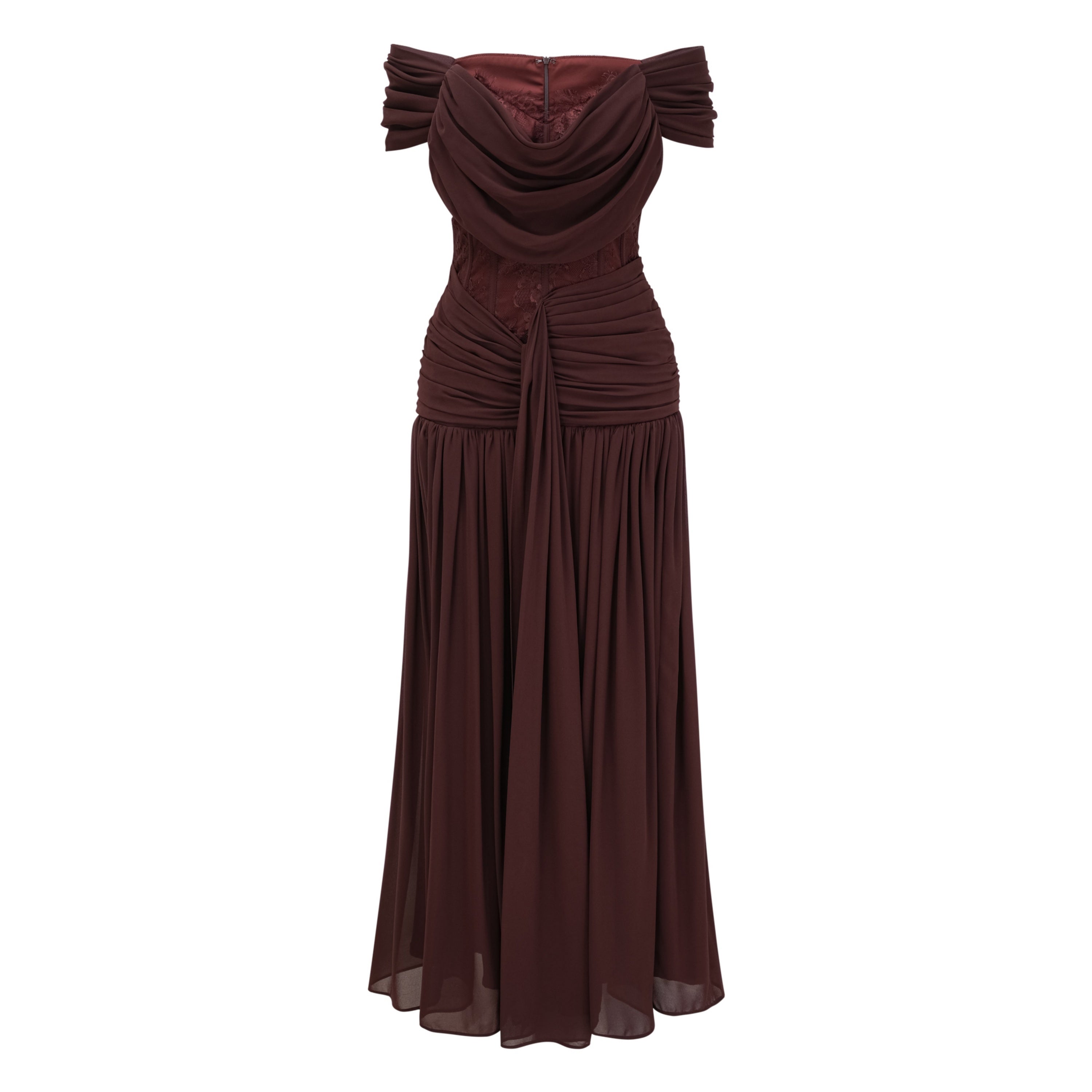 Eponine Brown Lace Ruched Off-Shoulder Maxi Dress