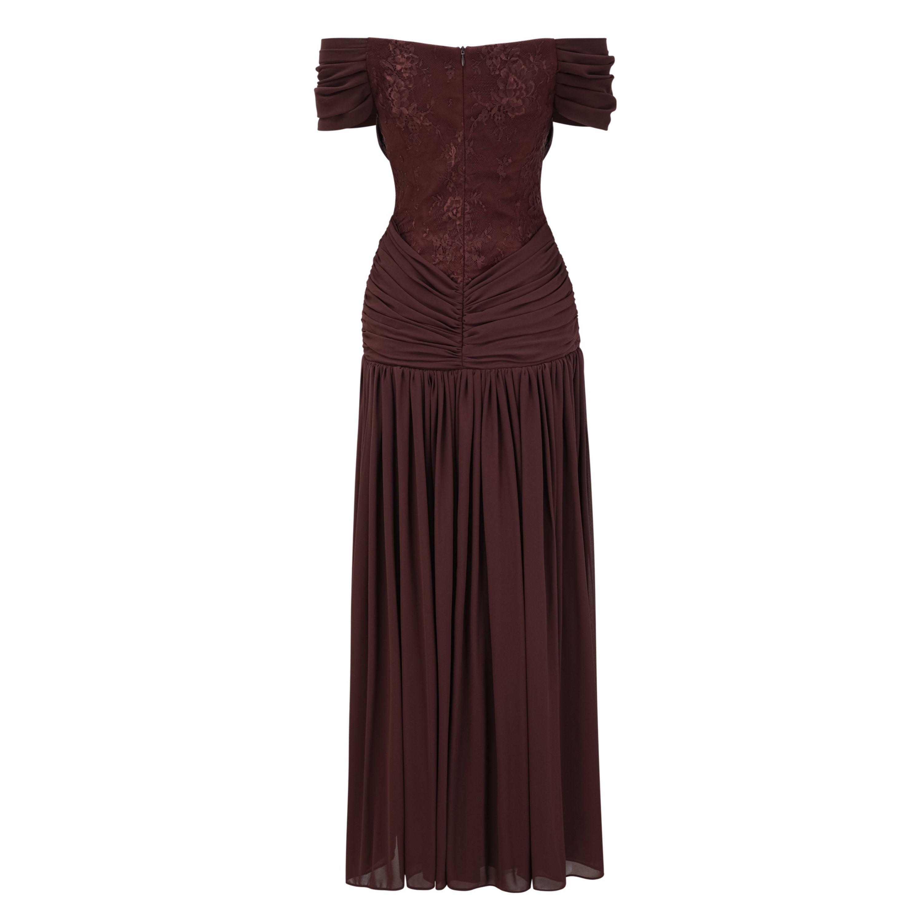 Eponine Brown Lace Ruched Off-Shoulder Maxi Dress