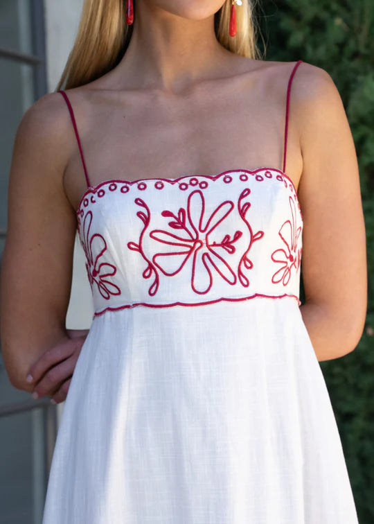 Carol Cream with Red Floral Embroidery Maxi Dress