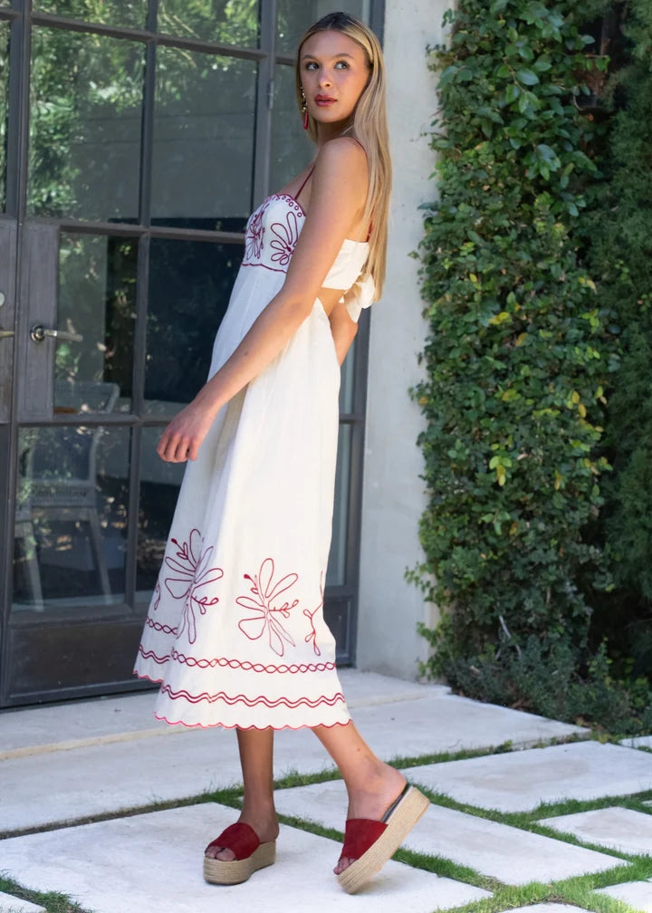 Carol Cream with Red Floral Embroidery Maxi Dress