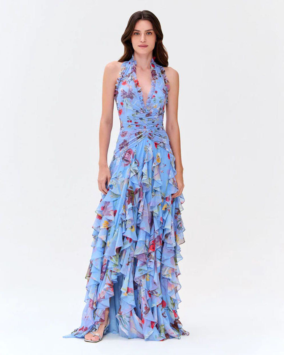 Halter Floral Ruffle Maxi Dress Blue