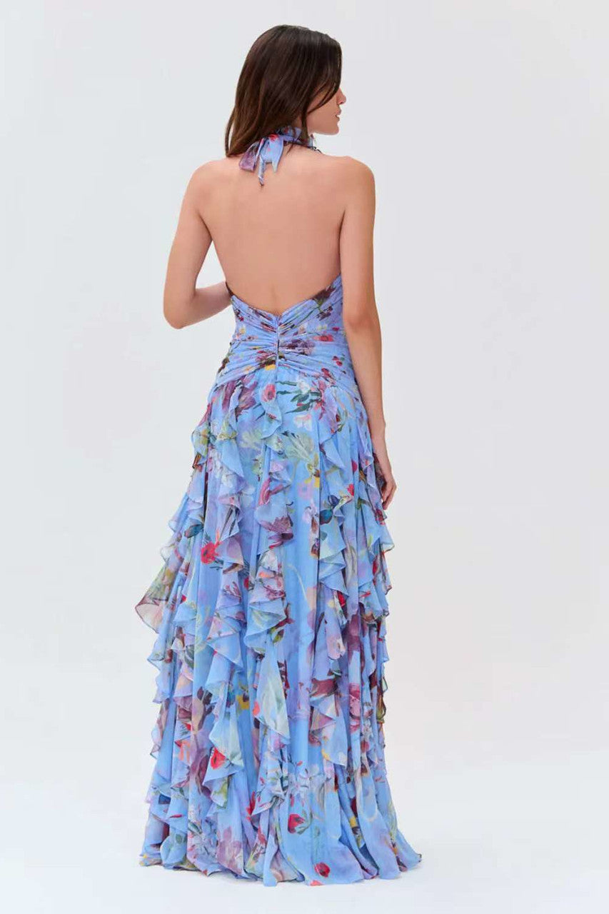 Halter Floral Ruffle Maxi Dress Blue