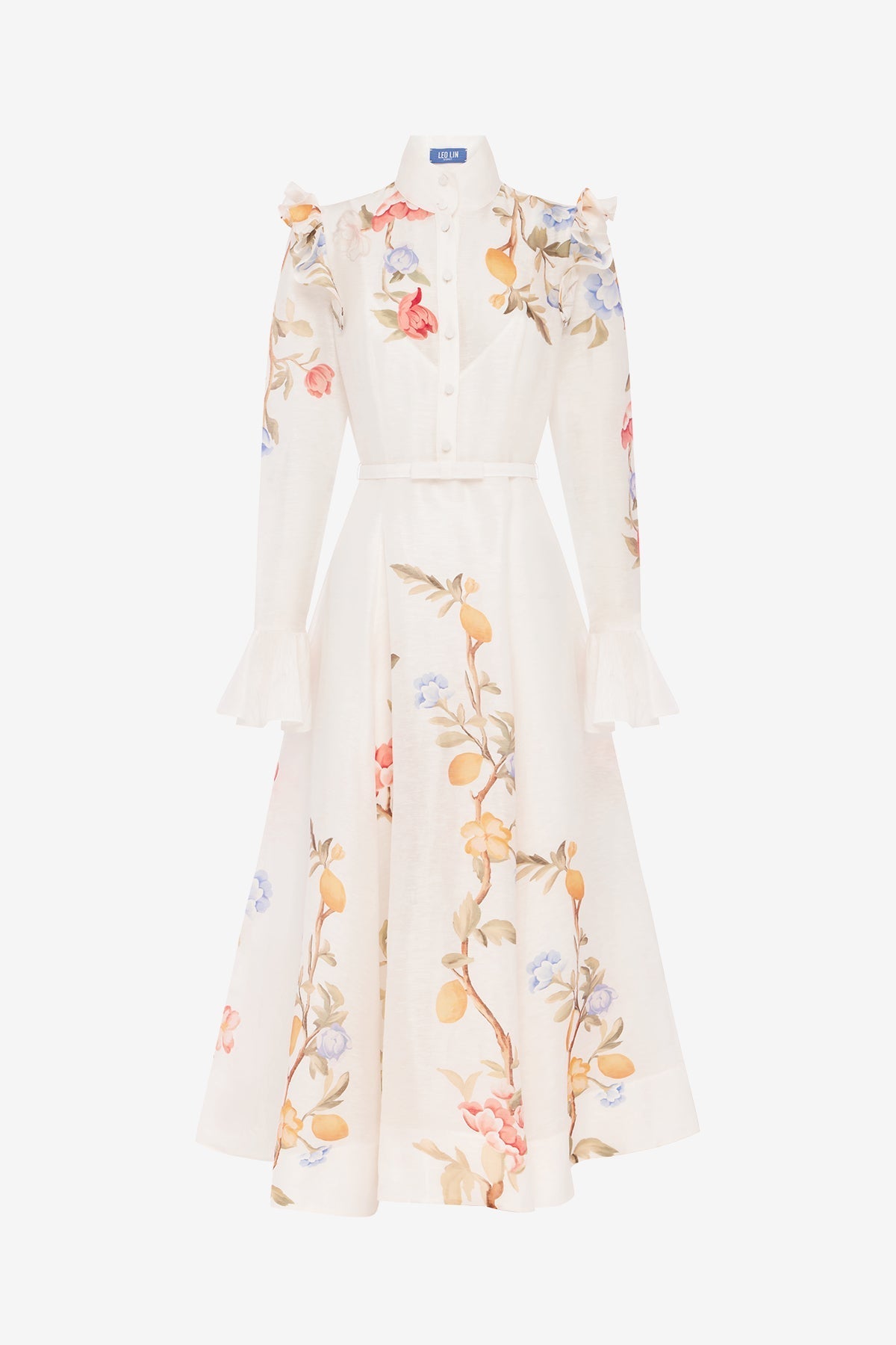 Selina Butterfly Sleeve Midi Dress - Lemon Vine Print in Snow 1