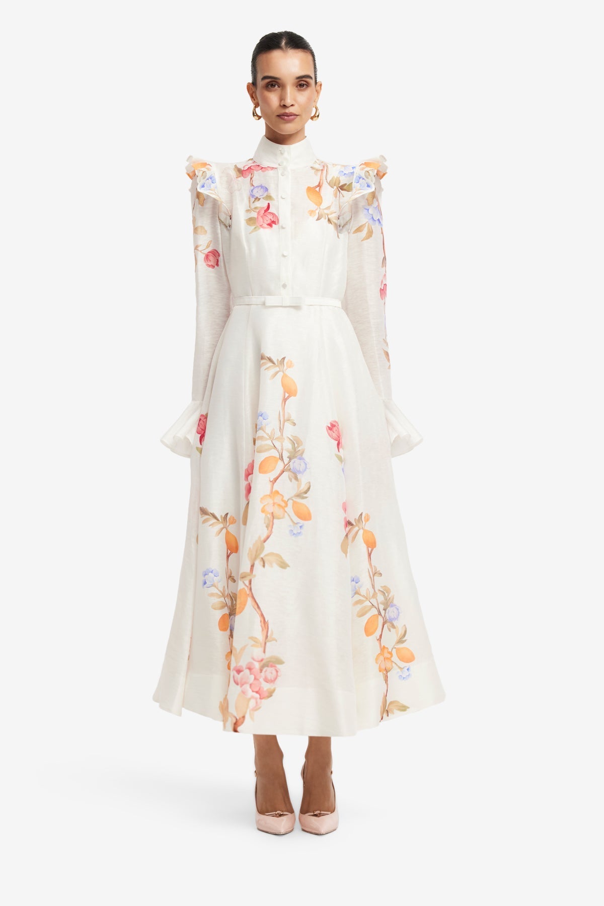 Selina Butterfly Sleeve Midi Dress - Lemon Vine Print in Snow 2