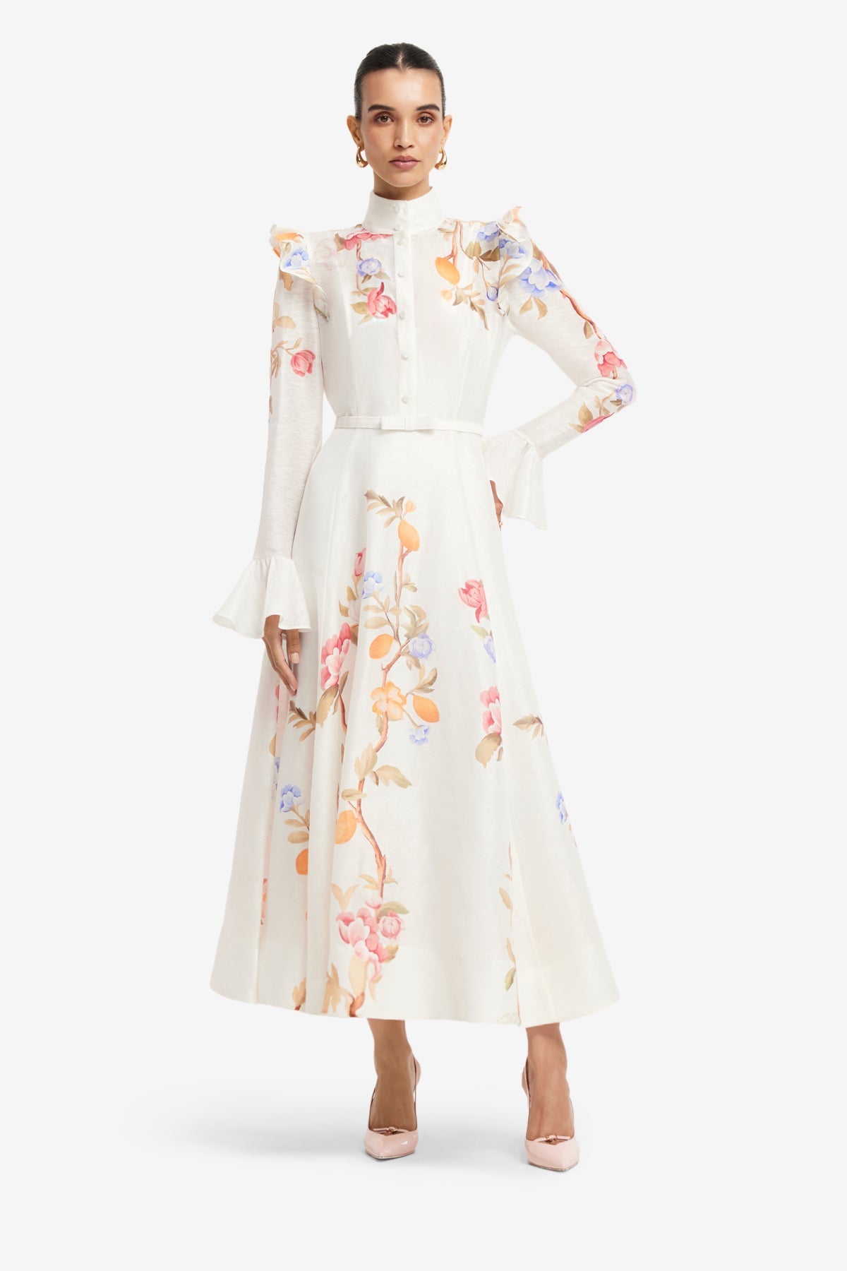 Selina Butterfly Sleeve Midi Dress - Lemon Vine Print in Snow 3